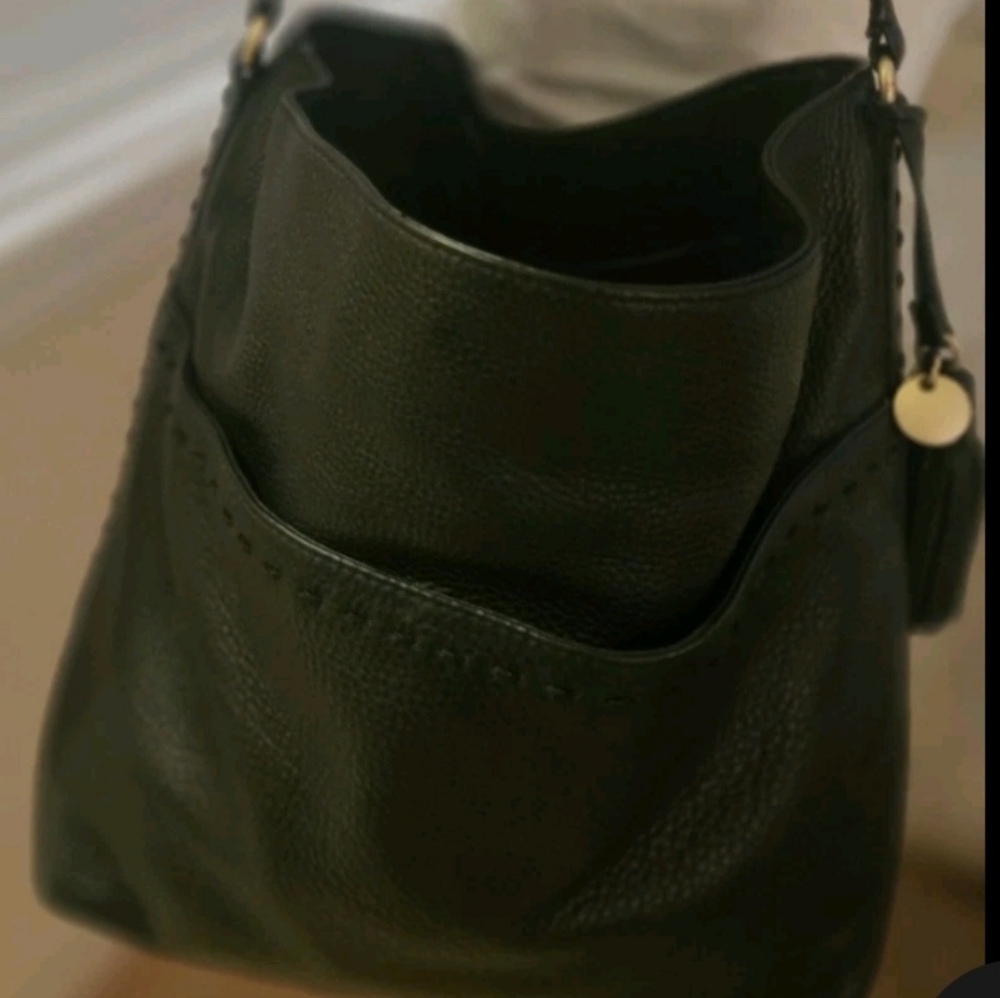 COLE HAAN Pebbled Black Leather Hobo Satchel Large Shoulder Bag Tassel & Brass - Picture 2 of 11